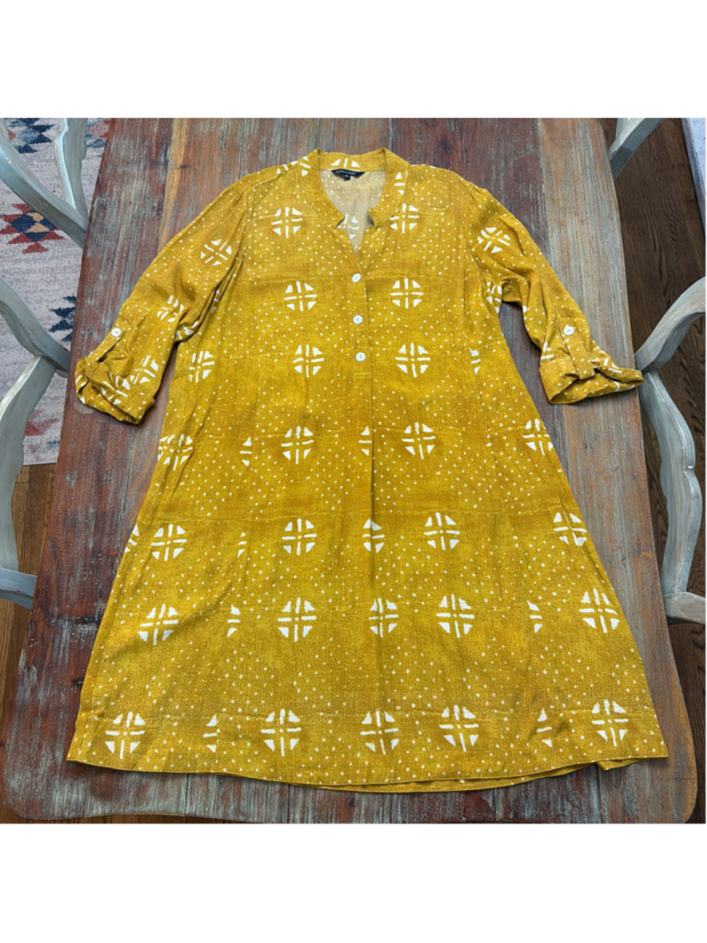 John Mark Mustard Yellow Geometric Batik Shirt Dress with Pockets Size M⁠